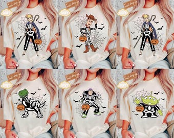 Comfort Colors® Toy Story skelet Halloween-shirt, spookachtig seizoen Disney Halloween-shirt, Woody Buzz Lightyear Jessie Halloween-shirt, cadeau