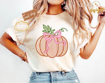 Comfort Colors® Coquette Fall Shirt, Fall Pumpkin Coquette Bow Shirt,Coquette Halloween Shirt,Women Pumpkin Patch Crew Tees,Pumpkin Fall Tee