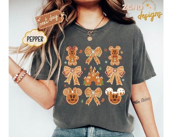 Comfort Colors® Vintage Disney Gingerbread Coquette Bow Christmas Shirt, Mickey & Minnie Gingerbread Tshirt, Mickey Very Merry Christmas Tee