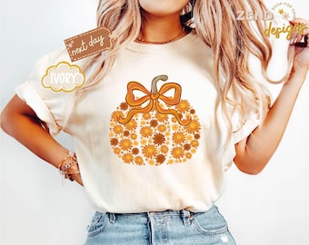 Camiseta de calabaza con flores Comfort Colors®, camiseta de calabaza coqueta, camiseta con ambiente otoñal, camiseta de floristería, camiseta bohemia, camiseta para mujer, camiseta de temporada espeluznante