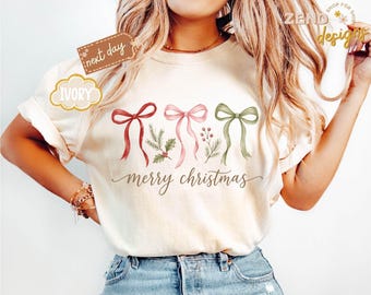 Comfort Colors® Merry Christmas Coquette Shirt, Christmas Family Shirt, Retro Holiday Shirt