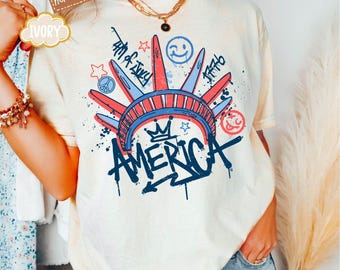 Camiseta Comfort Colors® del 4 de julio con la Estatua de la Libertad, Camiseta de EE. UU., Camiseta del 4 de julio de Estados Unidos, Bandera de Estados Unidos, Camiseta de American Girl, Camiseta de la Libertad