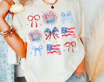 Comfort Colors® Coquette 4 juli-shirt, Coquette Bow 4 juli-shirt, Coquette Amerikaanse vlag, patriottisch Coquette-shirt, patriottisch shirt