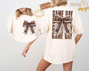 Comfort Color Coquette Bow Gameday Shirt, Baseball Mom Shirt,Sports Mama Gift,Preppy Aesthetic Shirts,Football Bow Shirt,Pink Coquette Shirt