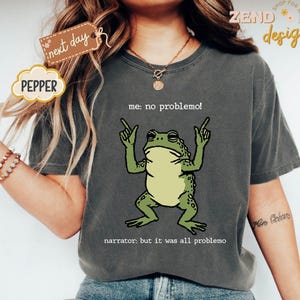 Puede incluir: Camiseta gris oscuro con una rana verde de dibujos animados y el texto "me: no problemo!" y "narrator: but it was all problemo". La camiseta tiene un corte holgado y cuello redondo.