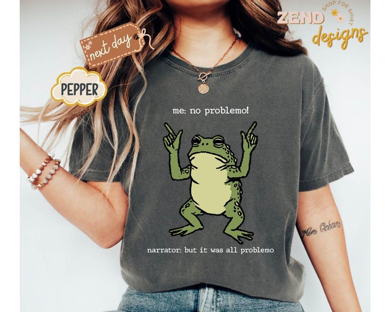 Puede incluir: Camiseta gris oscuro con una rana verde de dibujos animados y el texto "me: no problemo!" y "narrator: but it was all problemo". La camiseta tiene un corte holgado y cuello redondo.