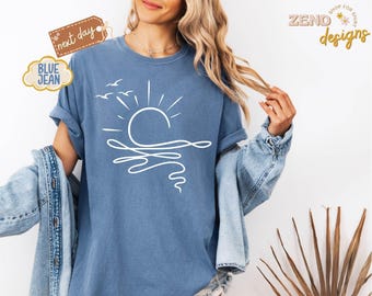 Comfort Colors® Sun Ocean Shirt, Linear Graphic Boho Summer T-Shirt, Trendy Beach Tee, Cute Minimalist Summer Tee