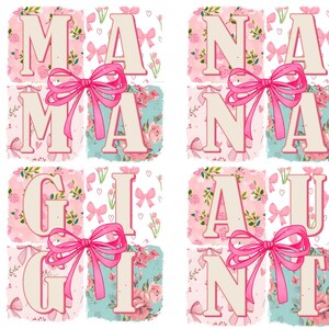Puede incluir: Un dise&ntilde;o floral rosa y azul con las palabras "MAMA", "NANA", "AUNT" y "GINI" en una fuente de estilo vintage. Cada palabra est&aacute; separada por un lazo rosa.