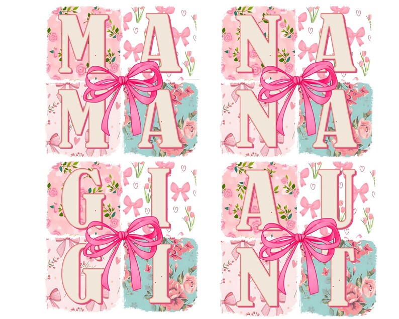 Puede incluir: Un dise&ntilde;o floral rosa y azul con las palabras "MAMA", "NANA", "AUNT" y "GINI" en una fuente de estilo vintage. Cada palabra est&aacute; separada por un lazo rosa.