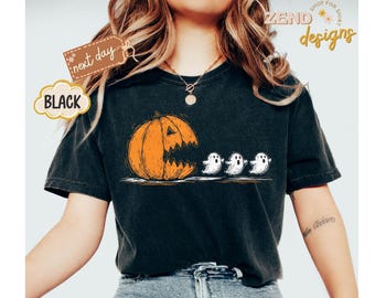Comfort Colors® Funny Halloween Pumpkin Ghost Shirt, Pumpkin Pacman Shirt, Halloween Pumpkin Eat Ghost Tee,Pumpkin Eating Ghosts Graphic Tee