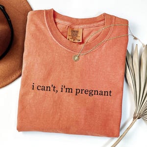 May include: Coral-colored t-shirt with the phrase "i can't, i'm pregnant" in black text. A gold necklace with a pendant and a brown hat are next to the shirt. A dried palm leaf is also in the image.