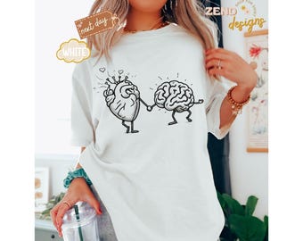 Maglietta per la consapevolezza della salute mentale Comfort Colors®, maglietta motivazionale, la salute mentale è importante, maglietta con un cuore e un cervello carino, maglietta con uno psicologo scolastico