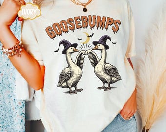 Camiseta divertida Comfort Colors® com estampa de arrepios para o Halloween, camiseta retrô com estampa de ganso, o melhor presente feminino para o Halloween, presente moderno para o Halloween, camiseta divertida para o Halloween.