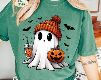Camiseta de regalo para Halloween, Camiseta de fantasma de Halloween en colores cómodos, Camiseta de fantasma adorable, Camiseta de Halloween para mujer, Camiseta de otoño adorable, Camiseta de temporada de sustos