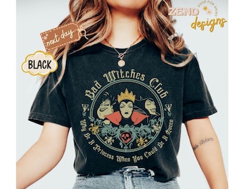 Camiseta de villanos de Disney Comfort Colors®, camiseta retro del Club de las Brujas Malvadas, camiseta vintage de Halloween con diseño de Úrsula, Maléfica y Reina Malvada para vacaciones en parques de Disney.