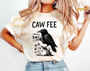 Chemise corbeau d'Halloween Comfort Colors®, chemise corbeau drôle, chemise café tendance, chemise squelette drôle, cadeau pour les amateurs de café, t-shirt d'Halloween rétro tête de mort