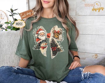 Comfort Colors® Vintage Retro Santa Christmas Shirt, Cute Snowman & Reindeer with Coquette Bow – Perfect Holiday Gift, Wonderful Time Shirt