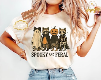 Comfort Colors® Spooky and Feral Raccoon Shirt, Funny Halloween Raccoon Shirt, Cute Trendy Womens Halloween T-Shirt, Vintage Fall Shirt,Gift