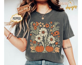 Comfort Colors® Boho höstblommig skjorta, retro höst-T-shirt, höstvibbar-skjorta, pumpasäsongsgrafik-T-shirt, vintage höstpumpa-estetik