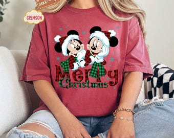 Comfort Colors® Minnie Mickey Merry Christmas Shirt, Disney Christmas Shirt, Christmas Mickey And Minnie Plaid Shirt, Christmas Family Shirt