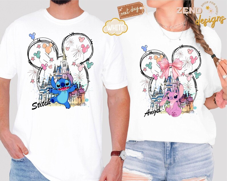 May include: White t-shirts featuring a Disney-themed design. One shirt has a blue Stitch graphic with the word "Stitch", and the other has a pink Angel graphic with the word "Angel". Both shirts have a castle and fireworks.