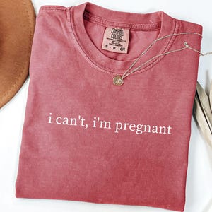 May include: A red-orange Comfort Colors t-shirt with the text "i can't, i'm pregnant" in white. A gold necklace with a small pendant and a brown hat are also in the image.