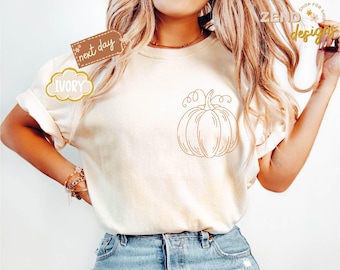 Comfort Colors® Pumpkin Tee, Fall Vibes Shirt, Pumpkin Outline T-Shirt, Simple Fall Pumpkin Crewneck Shirt, Minimal Fall Long Sleeve T-Shirt
