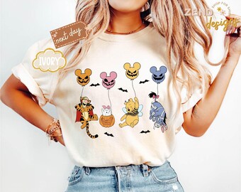 Comfort Colors® Retro Pooh & Friends Halloween Balloons Shirt, Disney Spooky Season Tee, Pooh and Friends Trick or Treat, Family Trip Shirt