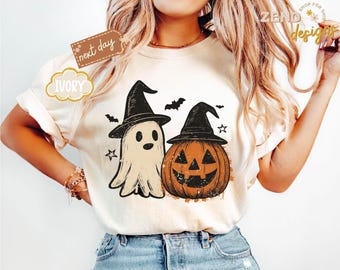 Koszulka Comfort Colors® Spooky Ghost Halloween, koszulka z motywem dyni w stylu preppy floral, koszulka z motywem upiornego sezonu, koszulka z motywem ducha w estetyce, koszulka z kwiatowym patchworkiem