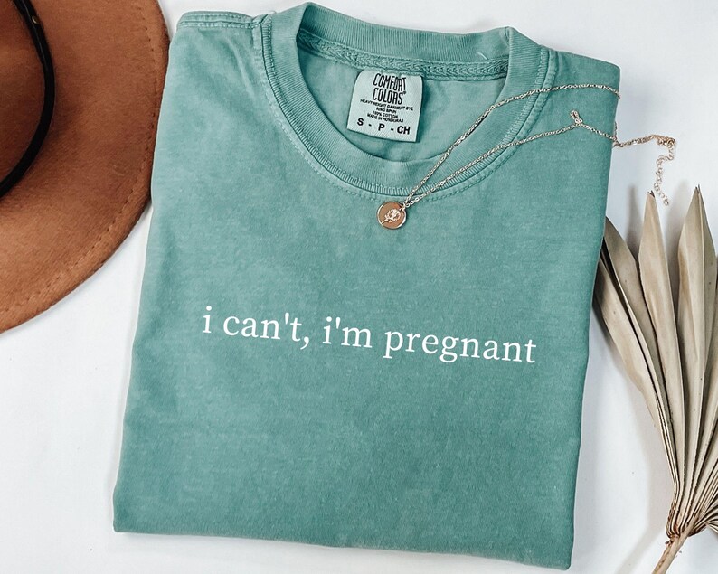 May include: A seafoam green Comfort Colors t-shirt with the text "i can't, i'm pregnant" in white. A gold necklace with a pendant rests on the shirt. A brown hat and dried plant are in the background.