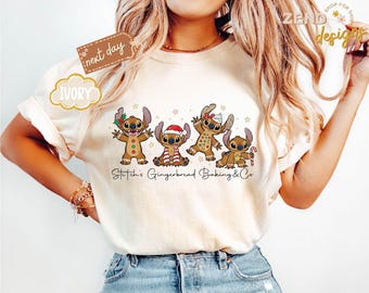 Camiseta navideña de jengibre con puntadas retro Comfort Colors®, camiseta navideña de Stitch, camiseta de jengibre de Disney, camiseta navideña de Disney, camiseta navideña de Disney