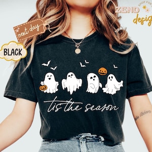 Camiseta de Halloween &quot;Tis The Season&quot; de Comfort Colors®, camiseta de Halloween, camiseta retro de fantasmas, camiseta bonita de otoño, camiseta de Halloween para mujer, temporada de calabazas