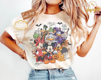 Comfort Colors® Vintage Disney Mickey and Friends Signatures Halloween Tee, Retro Disney Halloween Party Shirt, Mickey's Not So Scary Tee