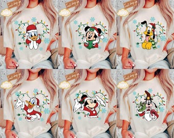 Camiseta Comfort Colors® con luces navideñas de Disney, camisetas navideñas familiares a juego con Mickey, Minnie, Donald, Daisy, Goofy y Pluto, camiseta navideña de Disneyland
