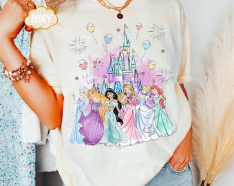 Camiseta infantil Comfort Colors con castillo en acuarela, camiseta infantil de princesas Disney, camiseta de Elsa y Rapunzel, camiseta de Jasmine y Aurora, camiseta de Cenicienta