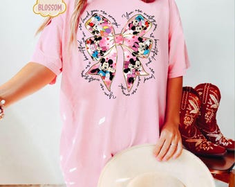Comfort Colors Disney Mickey and Friends Coquette Bows Valentine Shirt, Happy Valentine&#39;s Day Tee, WDW Disneyland Valentines Couple T-Shirt