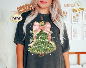 Kerstboomshirt voor vrouwen, schattig kerstboomt-shirt, vakantie-T-shirt, feestelijk kerstshirt met roze strik