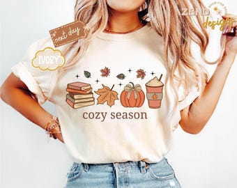 Comfort Colors® Cozy Season Shirt, Books Lover Fall Gift, Womens Pumpkin Season Shirt,Cute Pumpkin Shirt,Autumn Leaf Shirt,Fall Coffee Shirt