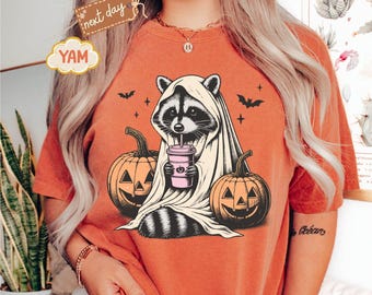 Komfort Farbe Halloween Shirt, süßes Waschbär Geist T-Shirt, Retro Halloween Shirts, gruseliges Saison Geschenk, Waschbär Halloween Shirt, Herbst Shirt