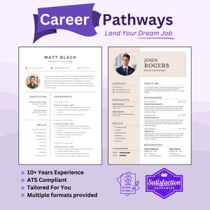 Op de afbeelding: Een cv-sjabloon met twee voorbeeld-cv's voor een grafisch ontwerper en een marketingmanager. Het sjabloon heeft een modern ontwerp met een lichtbruine achtergrond en een paarse accentkleur. De tekst "Career Pathways" wordt in een groot lettertype bovenaan de pagina weergegeven. Het sjabloon bevat secties voor contactgegevens, opleiding, werkervaring, vaardigheden en referenties. Het sjabloon bevat ook een tevredenheidsgarantie.