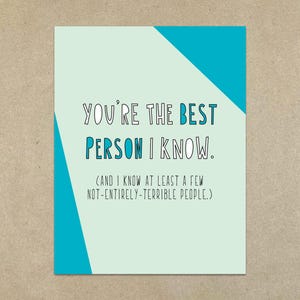 SOLDES - Vous êtes la meilleure personne que je connaisse. (Et je connais au moins quelques personnes pas tout à fait terribles.) - Carte de correspondance pliée A2 et enveloppe - SKU 418