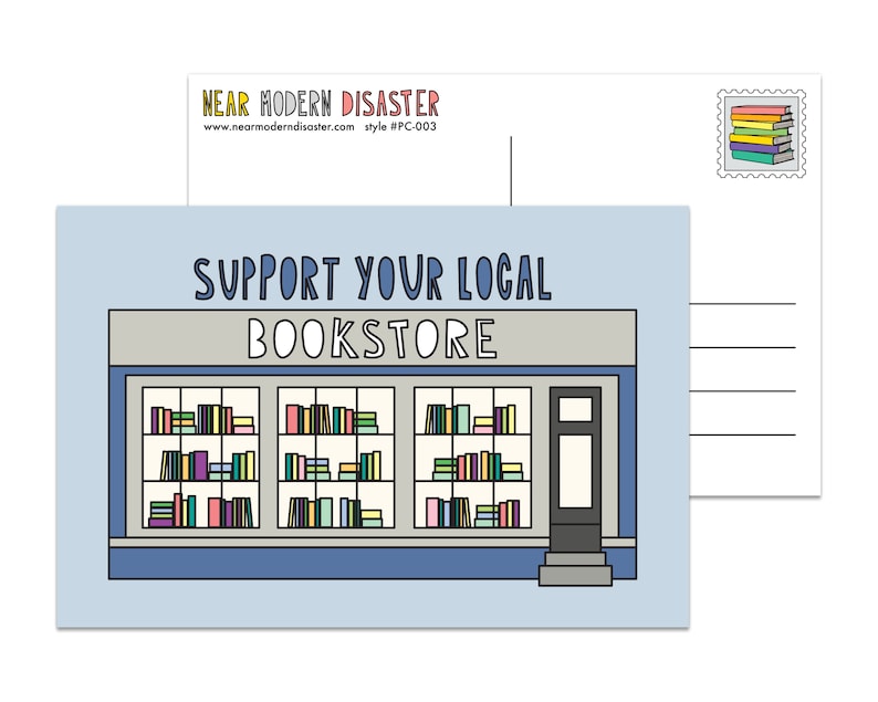 Puede incluir: Una ilustraci&oacute;n azul y blanca de una librer&iacute;a con el texto "Apoya tu librer&iacute;a local" sobre la fachada. La fachada tiene un gran escaparate con estantes llenos de libros coloridos.