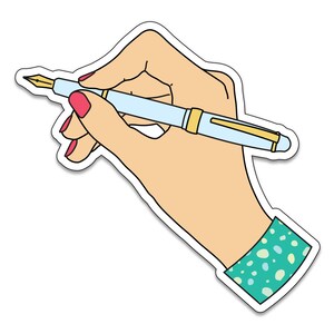 Hand With Pen (tono de piel más claro) - Adhesivo de vinilo troquelado de 3" - SKU ST-1013 - duradero, resistente a la intemperie, impermeable