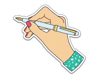 Hand With Pen (lighter skin tone) - 3" die cut vinyl sticker - SKU ST-1013 - durable, weatherproof, waterproof