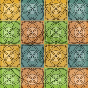 May include: A repeating pattern of colorful squares, each containing a stylized floral design. The squares alternate between shades of yellow, green, blue, and orange, with black outlines defining the floral shapes.