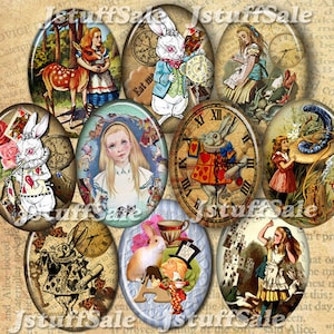 Alice in Wonderland digital collage images -  Oval 18mm x 25mm - 40 images - DIY You download & print