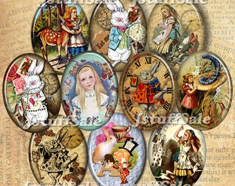 Alice in Wonderland digital collage images -  Oval 18mm x 25mm - 40 images - DIY You download & print