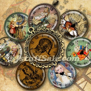 May include: Set of eight round, glass clock face cabochons featuring scenes from Alice in Wonderland. The cabochons are framed in gold-toned metal with Roman numeral clock faces. The scenes include Alice, the Mad Hatter, the Cheshire Cat, and the Queen of Hearts.