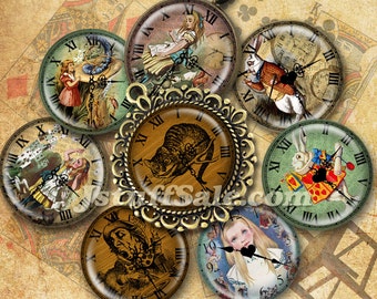 Alice in Wonderland round clock digital collage images - 2 sheets 25mm (1 inch) diameter - bottle cap, pendant  images