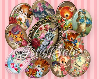 Vintage Animals and Flowers Oval digital collage images - 3 sheets (18mm x 25mm) - DIY You download & print